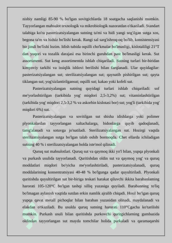 Sut va sut mahsulotlarini ishlab chiqish texnologiyasiga qo'yilgan talablar 7