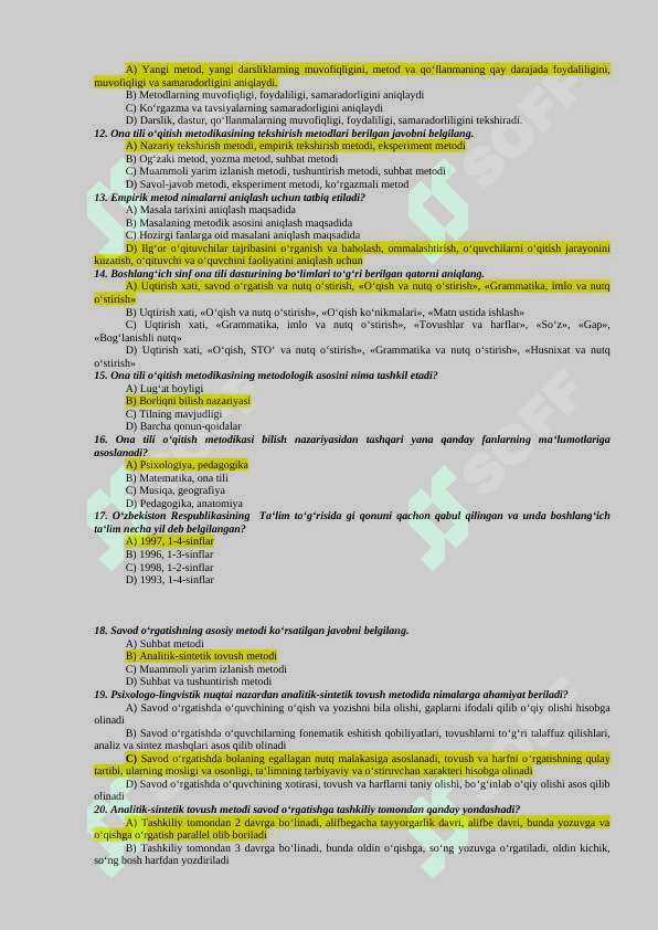 Ona tili o‘qitish metodikasi fanidan 500 talik test, javoblari bilan 2