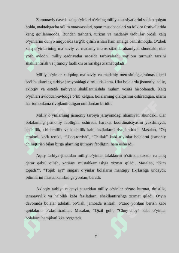 SINFDAN TASHQARI ISHLAR JARAYONIDA XALQ MILLIY O’YINLARIDAN FOYDALANISH 7