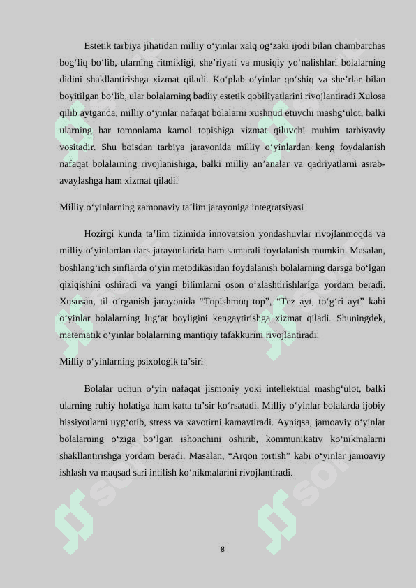 SINFDAN TASHQARI ISHLAR JARAYONIDA XALQ MILLIY O’YINLARIDAN FOYDALANISH 8