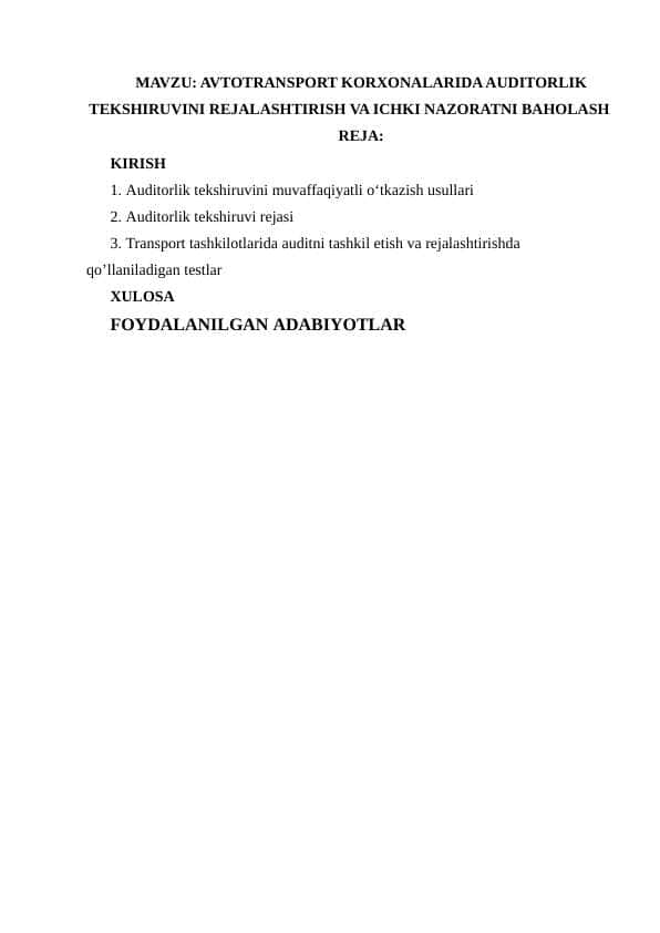 AVTOTRANSPORT KORXONALARIDA AUDITORLIK TEKSHIRUVINI REJALASHTIRISH VA ICHKI NAZORATNI BAHOLASH