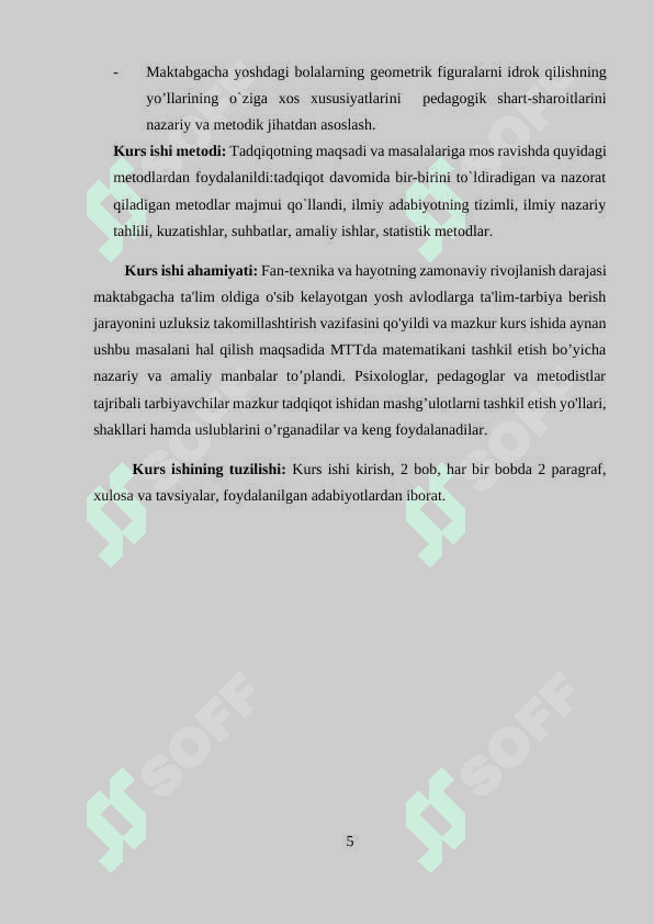 maktabgacha yoshdagi bolalarda predmetlar shakli va geometrik figuralarni idrok qilishni o`ziga xos  xususiyatlari 5