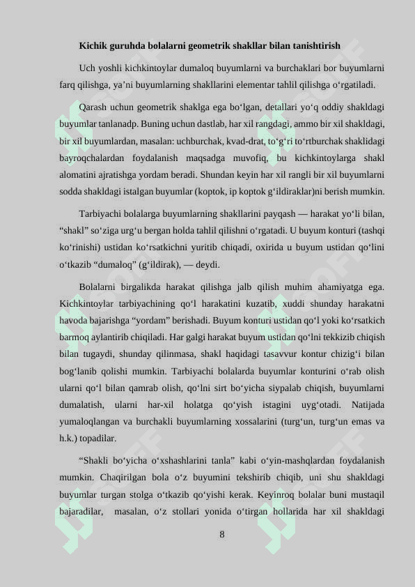 maktabgacha yoshdagi bolalarda predmetlar shakli va geometrik figuralarni idrok qilishni o`ziga xos  xususiyatlari 8