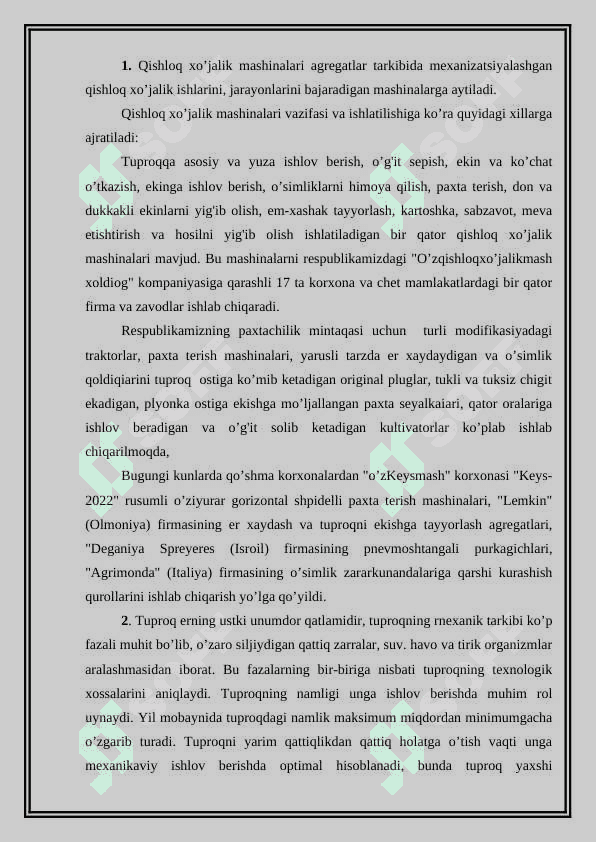 Yerga asosiy ishlov berish usullarining tuproq xususiyatlari va o'simliklarni o'sishi hamda rivojlanishiga ta'siri. 2