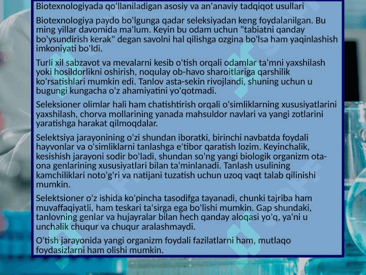 Umumiy biolgiya fanining qishloq xo'jaligi va biotexnologik jarayonlar bilan bog'liqligi 8
