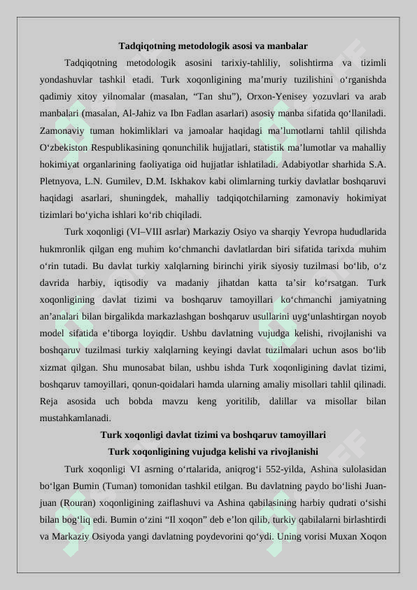 Turk xoqonligi va uning mamuriy tuzilishi xoqon el ulus mahalliy boshqaruvi,Tuman hokimliklari qishloq va shahar jamoalari mavzusida manbalar tahlili va adabiyotlar sharxi 3