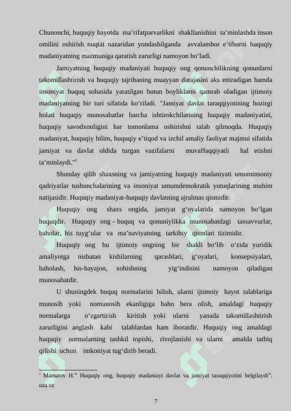 HUQUQIY MADANIYAT VA HUQUQIY TARBIYA ASOSLARI VA TARKIBIY QISMLARI, TAMOYILLARI. 7