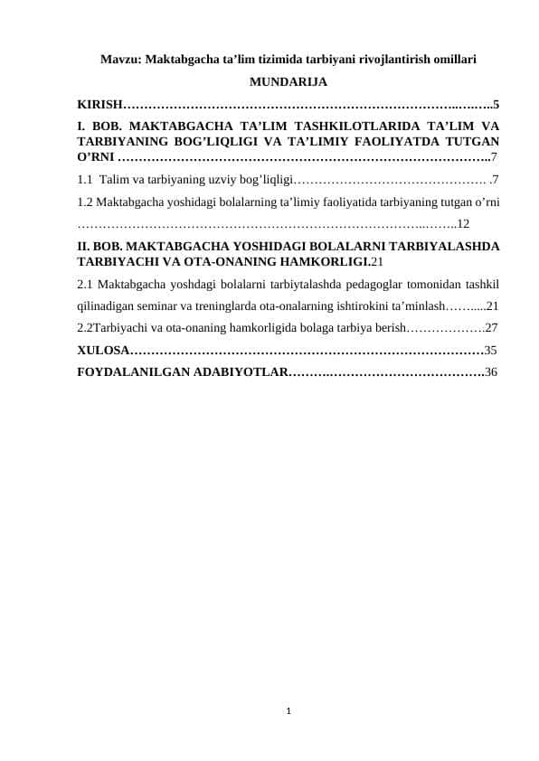 Maktabgacha ta’lim tizimida tarbiyani rivojlantirish omillari