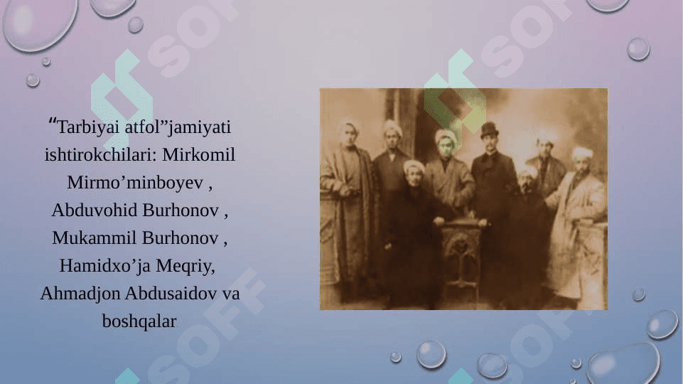 Jadid  ma`rifatparvarlarining  o`lka  ijtimoiy- ma`naviy  hayotida  tutgan  o`rni. (Munavvar  Qori, Fitrat,  Behbudiy, Avloniy  va  boshqalar.) 6