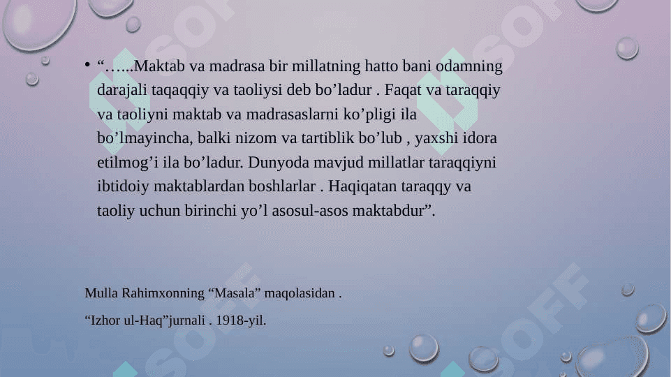 Jadid  ma`rifatparvarlarining  o`lka  ijtimoiy- ma`naviy  hayotida  tutgan  o`rni. (Munavvar  Qori, Fitrat,  Behbudiy, Avloniy  va  boshqalar.) 7