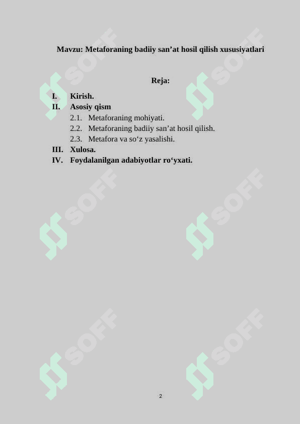 Metaforaning badiiy san’at hosil qilish xususiyatlari KURS ISHI 2