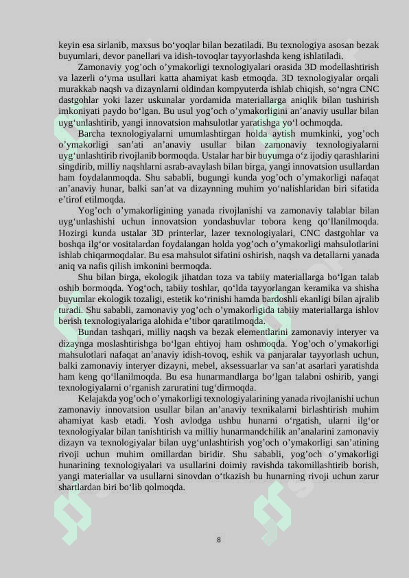 TEXNOLOGIYA FANIDA YOG’OCH O’YMAKORLIGI HUNARINI ORGATISH METODIKASI 8