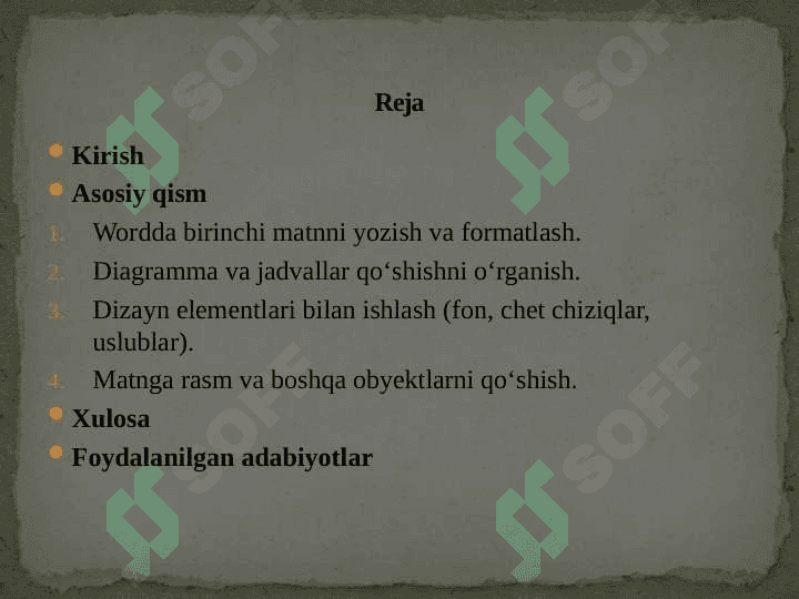 Wordda birinchi matnni yozish. Diagramma, Jadvallar va dizaynlar bilan ishlashni o'rganish. Matngarasm qo'shish 2