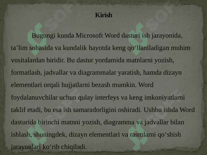 Wordda birinchi matnni yozish. Diagramma, Jadvallar va dizaynlar bilan ishlashni o'rganish. Matngarasm qo'shish 3