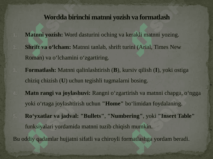 Wordda birinchi matnni yozish. Diagramma, Jadvallar va dizaynlar bilan ishlashni o'rganish. Matngarasm qo'shish 4