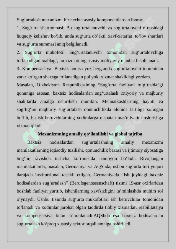 Baxtsiz hodisalardan sug‘urtalash mexanizmi va rivojlantirish masalalari esse 2