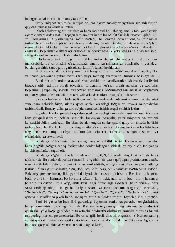MAKTABGACHA TA’LIM TASHKILOTLARIDA KATTA GURUH YOSHIDAGI BOLALARNING MATEMATIK TASAVVURLARINI SHAKLLANTIRISH 7