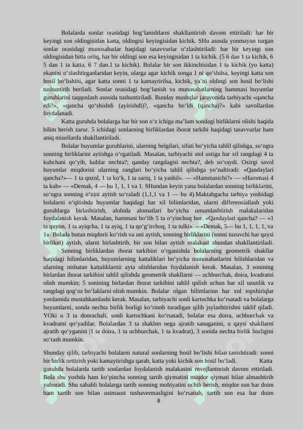 MAKTABGACHA TA’LIM TASHKILOTLARIDA KATTA GURUH YOSHIDAGI BOLALARNING MATEMATIK TASAVVURLARINI SHAKLLANTIRISH 8