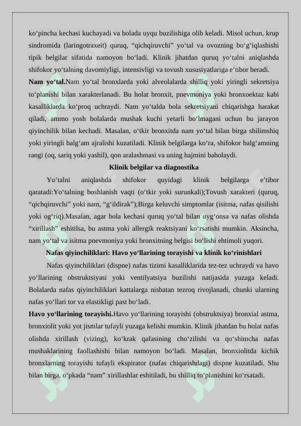 Bolalarda nafas tizimining anatomo- fiziologik xususiyatlari. Bolalarda nafas tizimi kasalliklarini semiotikasi va sindromlari. JSST ning BKIUOB strategiyasiga ko’ra yo’tal yoki nafas kiyinchiligi bo’lgan bolalar 6