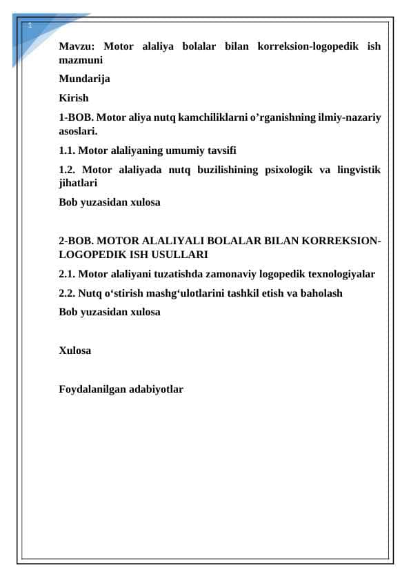 Motor alaliya bolalar bilan korreksion-logopedik ish mazmuni