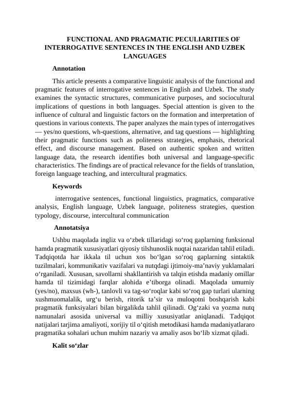 FUNCTIONAL AND PRAGMATIC PECULIARITIES OF INTERROGATIVE SENTENCES IN THE ENGLISH AND UZBEK LANGUAGES