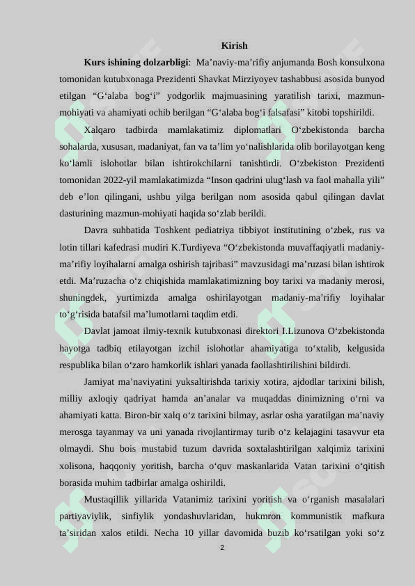 Mustaqillik yillarida O‘zbekiston Respublikasida madaniy va ma’rifiy sohada amalga oshirilayotgan islohotlar. 2
