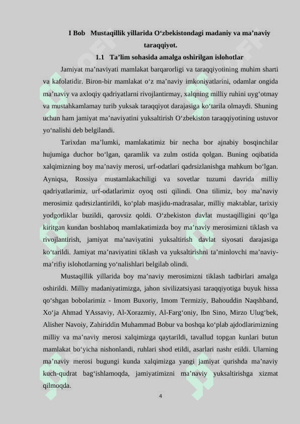 Mustaqillik yillarida O‘zbekiston Respublikasida madaniy va ma’rifiy sohada amalga oshirilayotgan islohotlar. 4