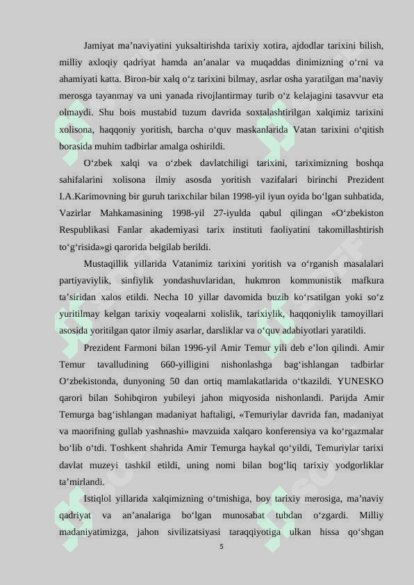 Mustaqillik yillarida O‘zbekiston Respublikasida madaniy va ma’rifiy sohada amalga oshirilayotgan islohotlar. 5