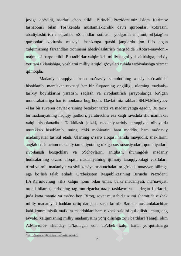 Mustaqillik yillarida O‘zbekiston Respublikasida madaniy va ma’rifiy sohada amalga oshirilayotgan islohotlar. 7