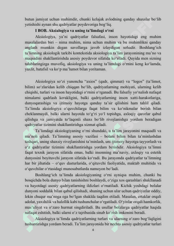 MAVZU: Boshlangʻich talimning aksiologik tarkibi. KURS ISHI 6