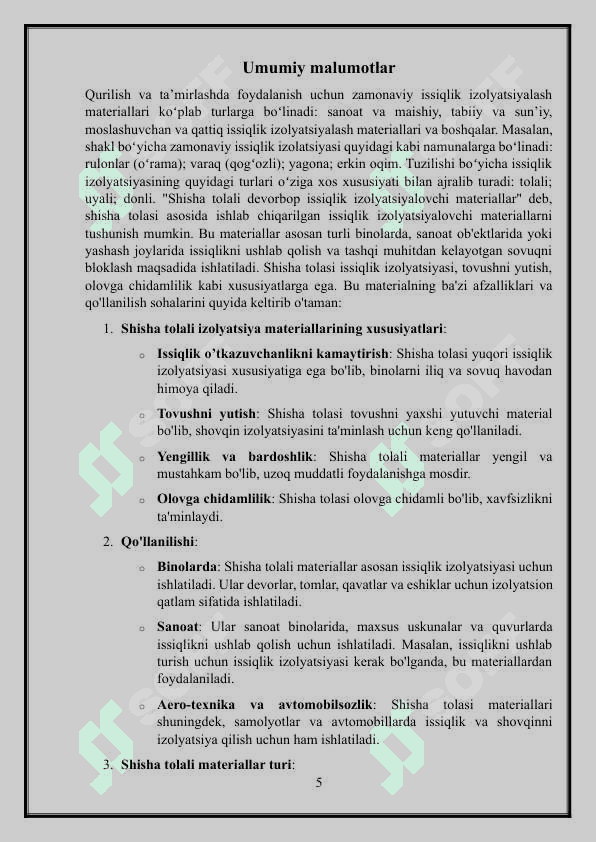 Shisha tolali devorbop issiqlik izolyatsiyalovchi materiallarni ishlab chiqarish jarayonini hisoblash 5