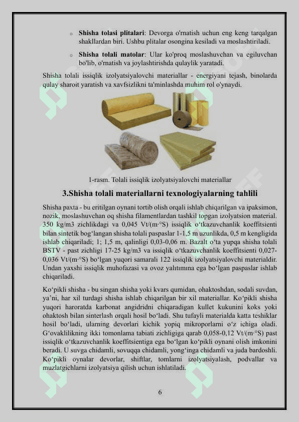 Shisha tolali devorbop issiqlik izolyatsiyalovchi materiallarni ishlab chiqarish jarayonini hisoblash 6