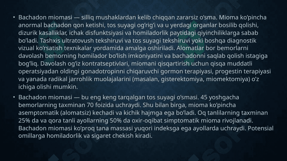 Bachadon miomasi. Endometrioz. Etiopatogenezi, tasnifi, klinikasi, tashxislash, davolash tamoyillari 2