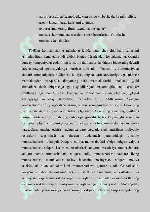 O'zbekiston respublikasi iqtisodiyotida TMK va turli xalqaro iqtisodiy tashkilotlarning tutgan o'rni 6