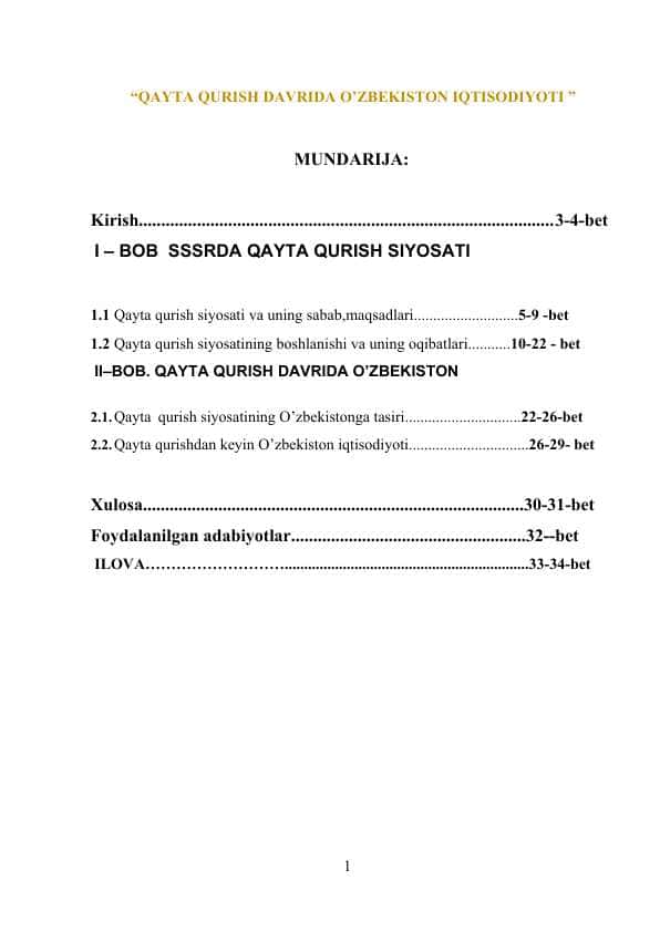 QAYTA QURISH DAVRIDA O’ZBEKISTON IQTISODIYOTI
