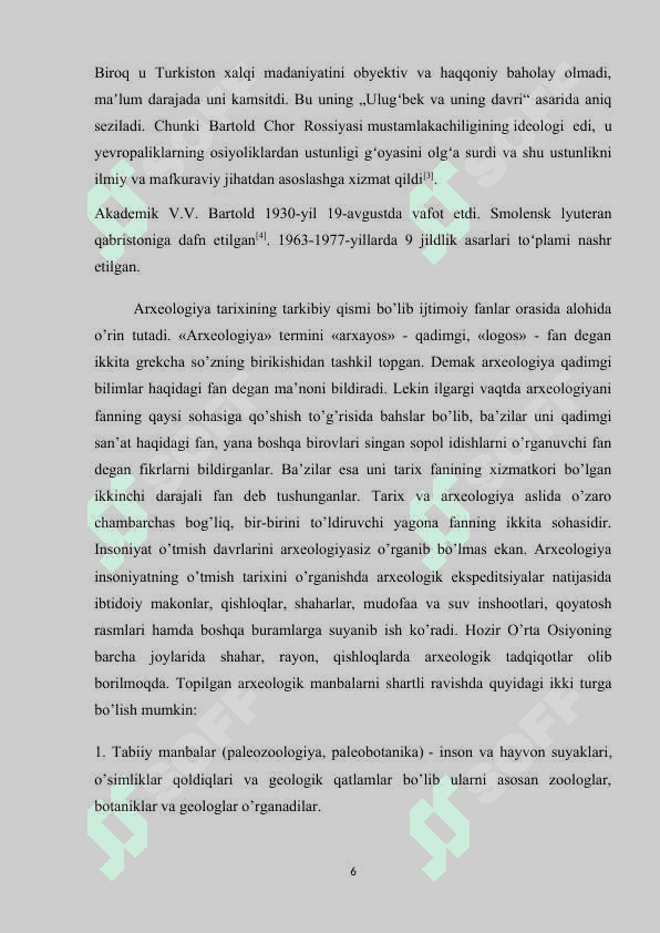 V. Bartolning o'rta osiyo arxelogiyasi rivojlanishida amalga oshirgan tadqiqotlari 6