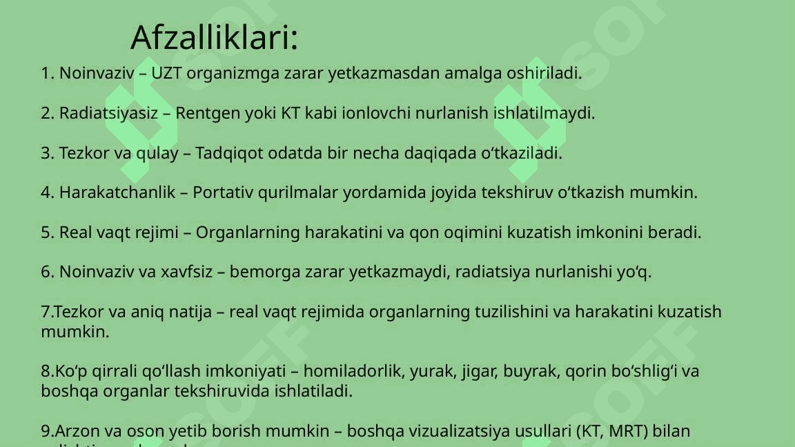 Ultratovush tekshirishining afzallik va kamchiliklari.  Ultratovush tekshiruvi metodikalari. 3