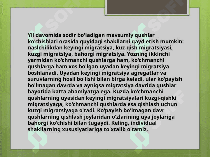 Qushlar hayotida mavsumiylik, uning sabablari va ahamiyati. 3