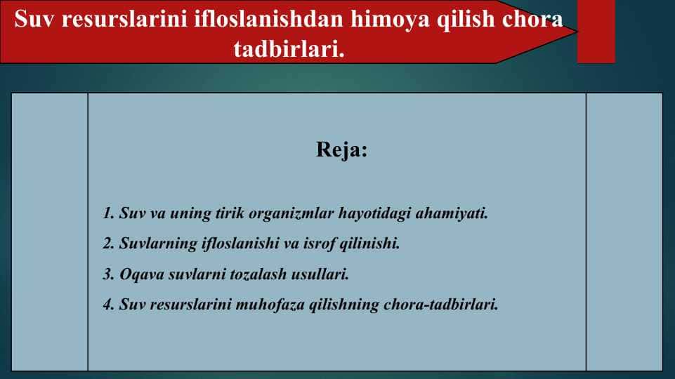 Suv resurslarini ifloslanishdan himoya qilish chora tadbirlari
