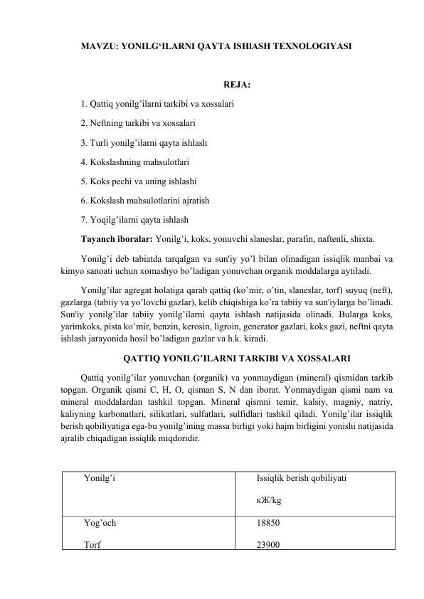 YONILG‘ILARNI QAYTA ISHlASH TEXNOLOGIYASI