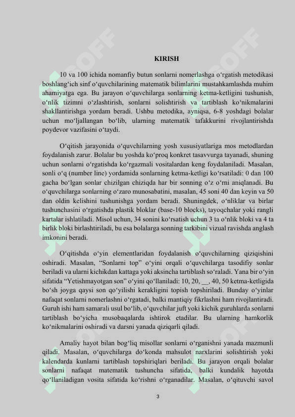 MAVZU: 10 VA 100 ICHIDA NOMANFIY BUTUN SONLARNI NOMERLASHGA OʻRGATISH METODIKASI. Kurs ishi 3