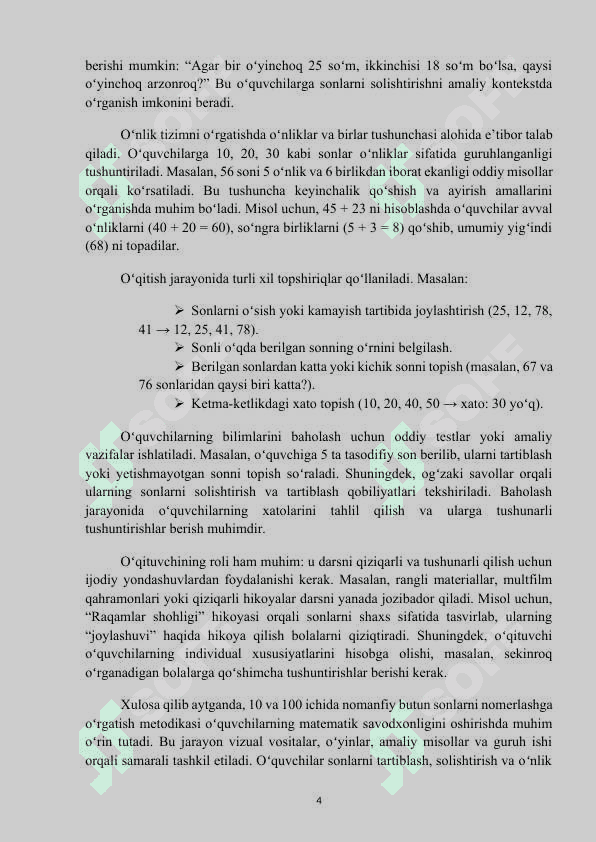 MAVZU: 10 VA 100 ICHIDA NOMANFIY BUTUN SONLARNI NOMERLASHGA OʻRGATISH METODIKASI. Kurs ishi 4