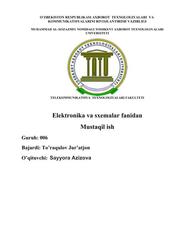 Mavzu: «UMUMIY EMITTER SXEMASI BO‘YICHA YIGʻILGAN BIPOLYAR TRANZISTORLI KUCHAYTIRGICH KASKADINI HISOBLASH»