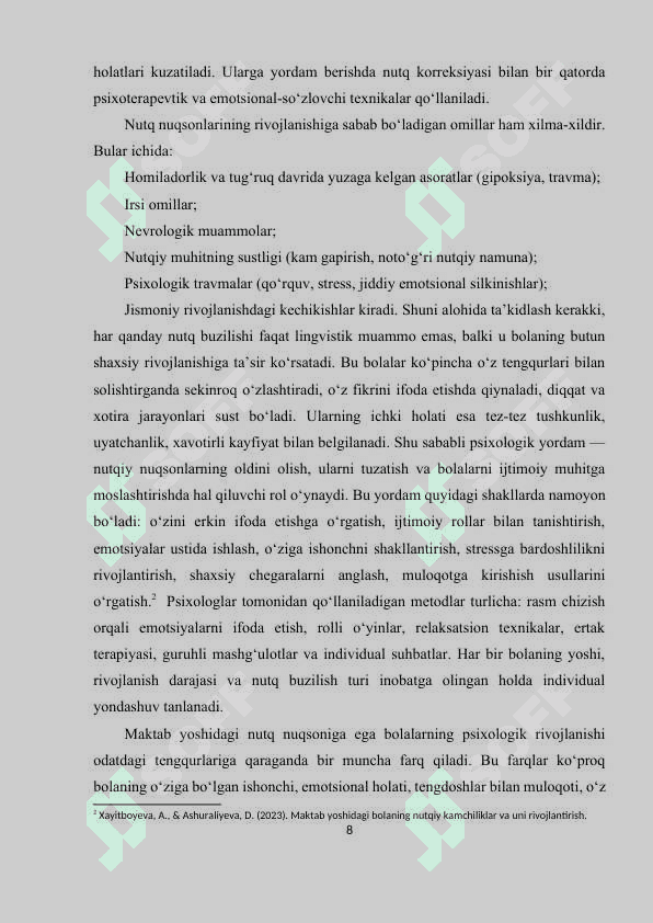 Maktab yoshidagi nutq nuqsoniga ega bolalar bilan olib boriladigon prixokorreksion ishlar. 8