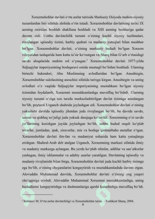 Xorazmshohlar davlati va uning yuksalishi mavzusini oʻtishda zamonaviy pedagogika texnologiyalardan foydalanish usullari 8