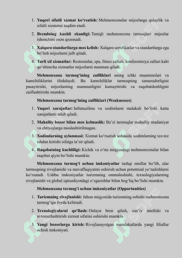 Mehmonxona tarmog’i uchun SWOT tahlilini o‘tkazish. 2