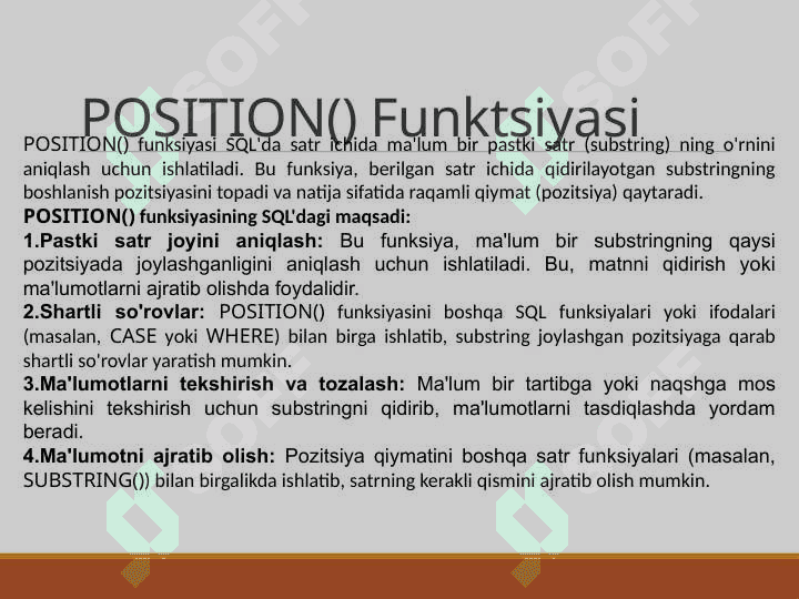 POSITION() funksiyalaridan foydalanib, pastki qatorni topish. joriy sessiya. CASE ifodasi yordamida shartli qiymatlarni ifodalash. TCL bo‘limi buyruqlari 3