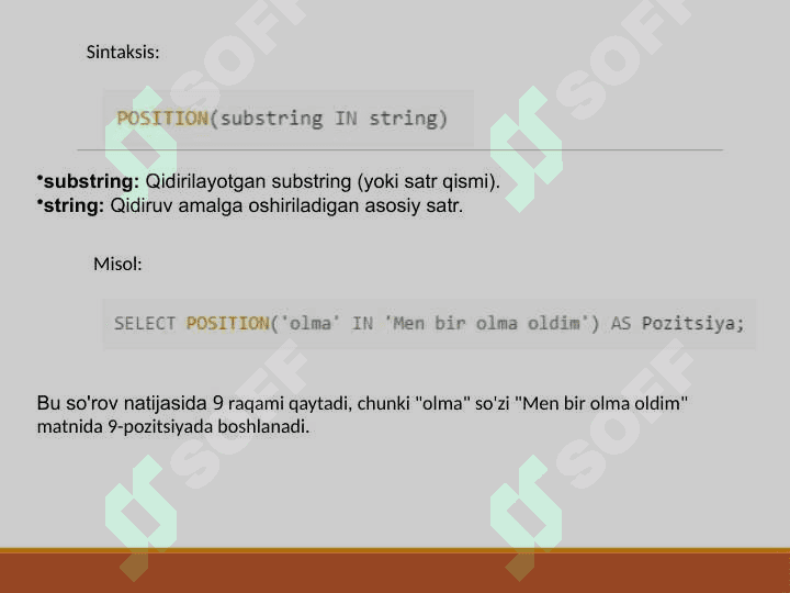 POSITION() funksiyalaridan foydalanib, pastki qatorni topish. joriy sessiya. CASE ifodasi yordamida shartli qiymatlarni ifodalash. TCL bo‘limi buyruqlari 4
