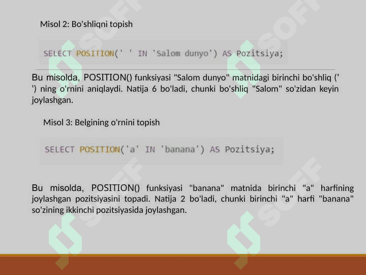 POSITION() funksiyalaridan foydalanib, pastki qatorni topish. joriy sessiya. CASE ifodasi yordamida shartli qiymatlarni ifodalash. TCL bo‘limi buyruqlari 5