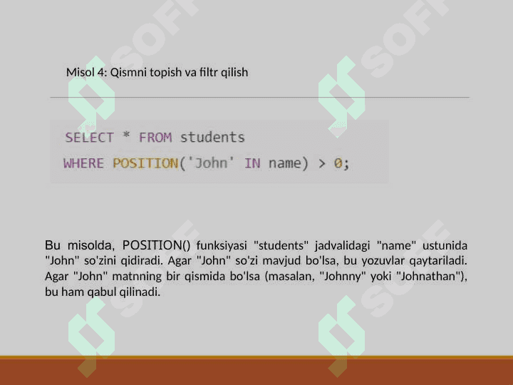 POSITION() funksiyalaridan foydalanib, pastki qatorni topish. joriy sessiya. CASE ifodasi yordamida shartli qiymatlarni ifodalash. TCL bo‘limi buyruqlari 6